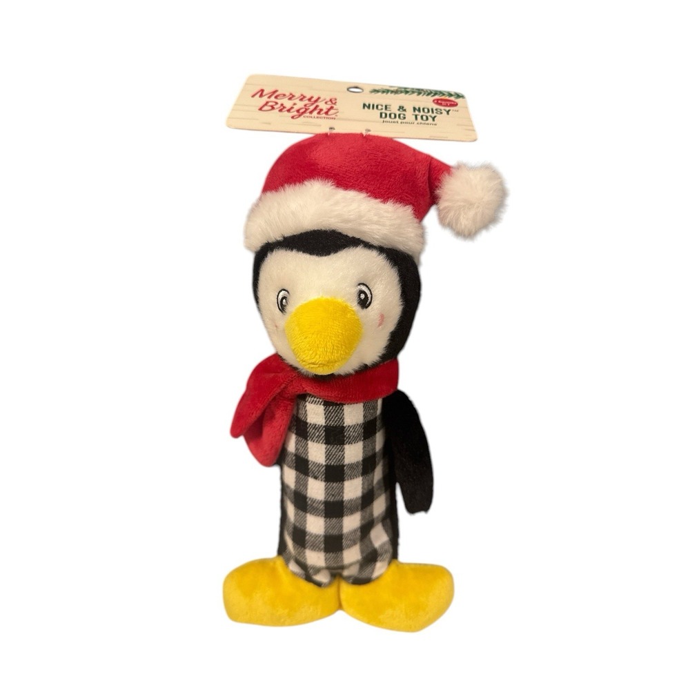 Merry & Bright Nice & Noisy PENGUIN Dog Toy Red Squeaky Thrash Plush Toss‎ Shake